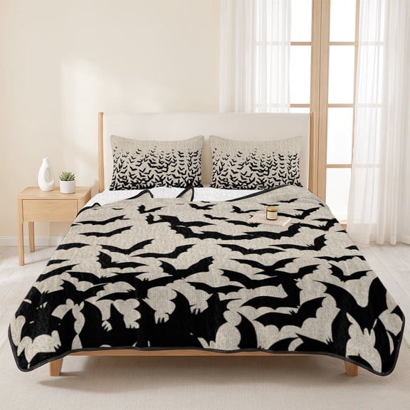 Queen Quilts Bedding Set,Halloween Black Bat Soft Warm Quilted Bedspread Comforter with Pillow Shams,Seamless Bats on Linen All Season Coverlet Bed Decor Blankets