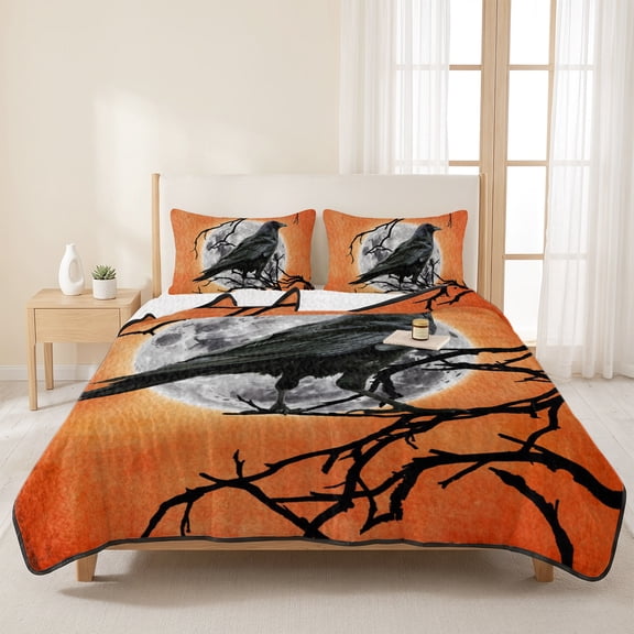 Queen Quilts Bedding Set,Halloween Crow Moon Orange Gradient Soft Warm Quilted Bedspread Comforter with Pillow Shams,Dead Branches All Season Coverlet Bed Decor Blankets