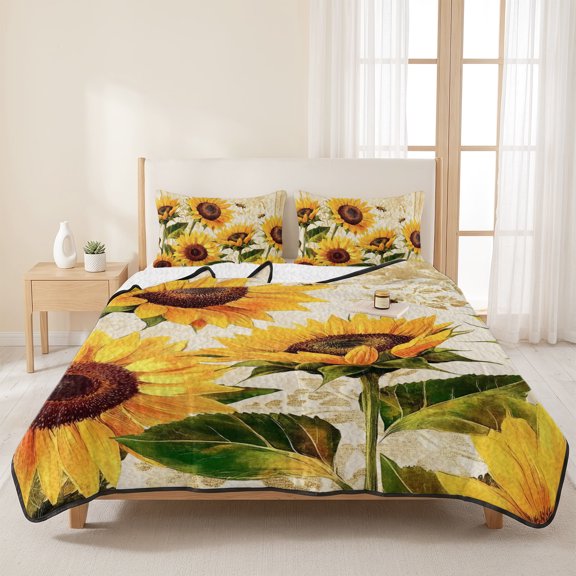 Queen Quilts Bedding Set,Summer Blossom Sunflower Bee Soft Warm Quilted Bedspread Comforter with Pillow Shams,Retro Flower Leaves All Season Coverlet Bed Decor Blankets