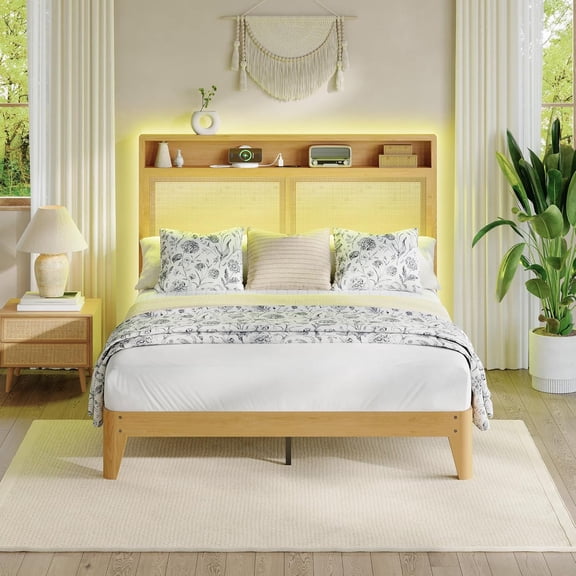 Queen Rattan Bed Frame with LED Lights, Natural Rattan Headboard, Built-in Charging Station, RGB LED, Durable Silent Design, Storage Space, Easy Maintenance