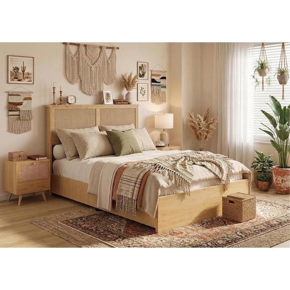 GOGRANT Rattan Bed Frame with 4 Drawers, Queen