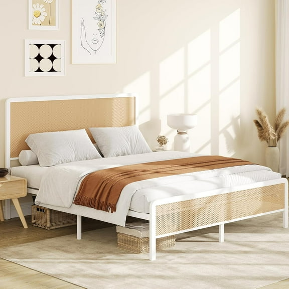 Queen Rattan Bed Frame with Rattan Headboard, Modern Style Cane Boho Platform Bed Frames with Under Bed Storage, Easy Assembly Mattress Foundation, No Box Spring Needed, Noise Free, White