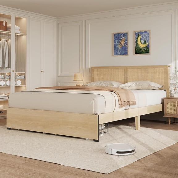 Queen Rattan Platform Bed Frame with Headboard, Mid-Century Style Design, 2 Storage Drawers and Large Under-Bed Space, No Box Spring Needed, Easy Assembly, Natural