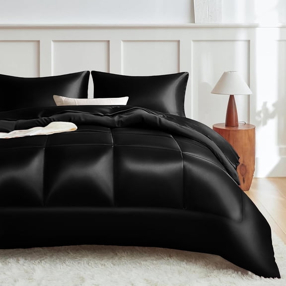 Queen Reversible Black Satin Microfiber Comforter Set 3 Piece with 90x90 Inch Comforter and Two 20x26 Inch Pillowcases
