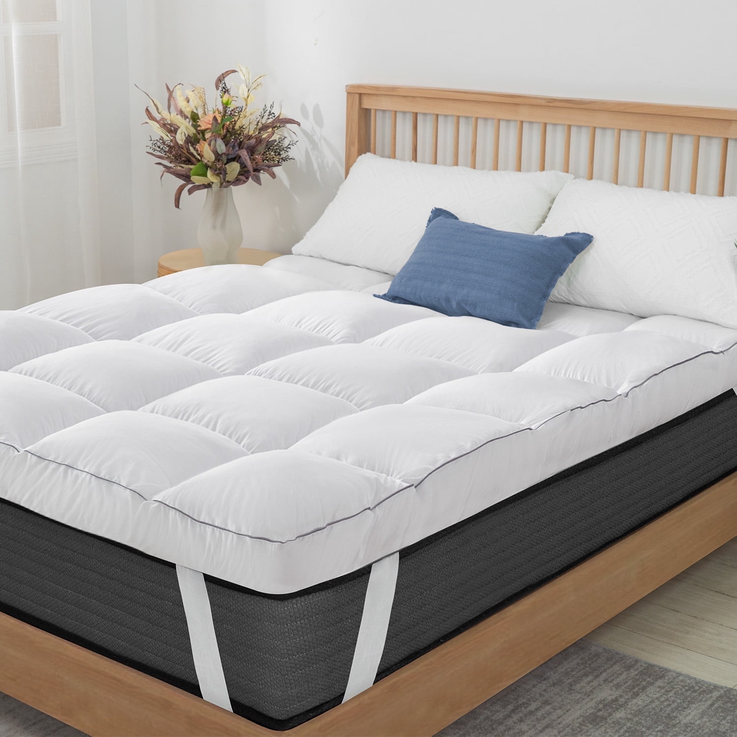 Queen Rose Mattress Topper White Luxury Down Alternative Fiber Mattress Topper with Elastic Band, Full Size