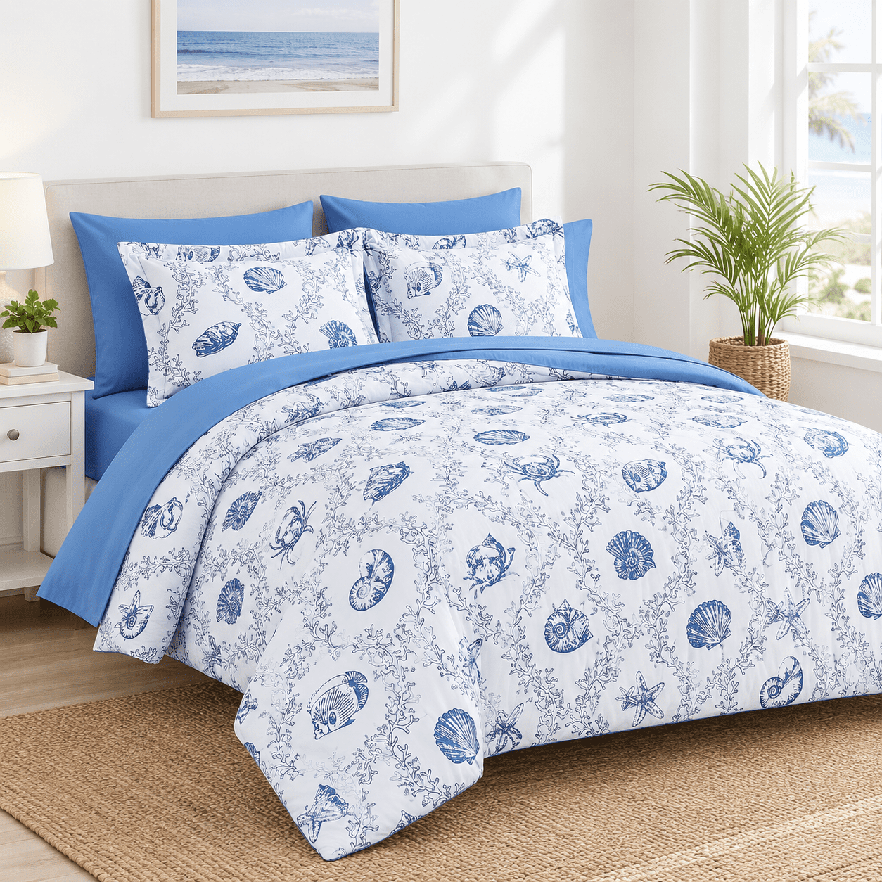 Sae Shell Bed Queen Seashell Coral 7-Piece Bed In A Bag Set, Microfiber Bedding with ...