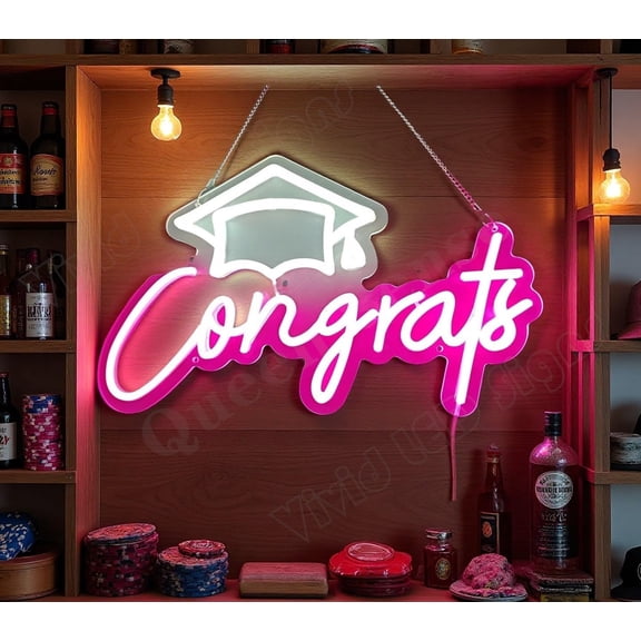 Queen Sense 16"x10" Congrats Graduation Hat LED Neon Sign for Wall Decor Dimmable USB Powered LED Light W116CGGH-5VLED