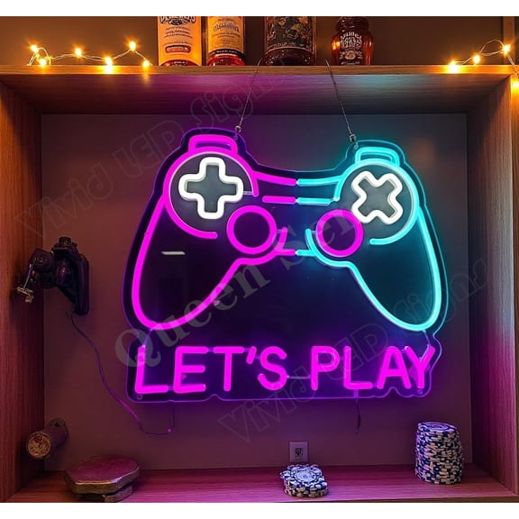 Queen Sense 16"x11" Lets Play Game Controller LED Neon Sign for Wall Decor Dimmable USB Powered LED Light W116LPGC-5VLED