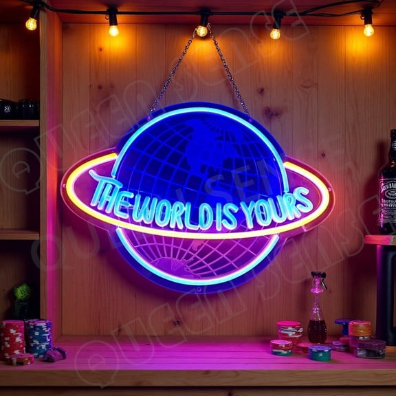 Queen Sense 16"x11" The World Is Yours Planet LED Neon Sign for Wall Decor Dimmable USB Powered LED Light W116TWIYBPVVD-5VLED