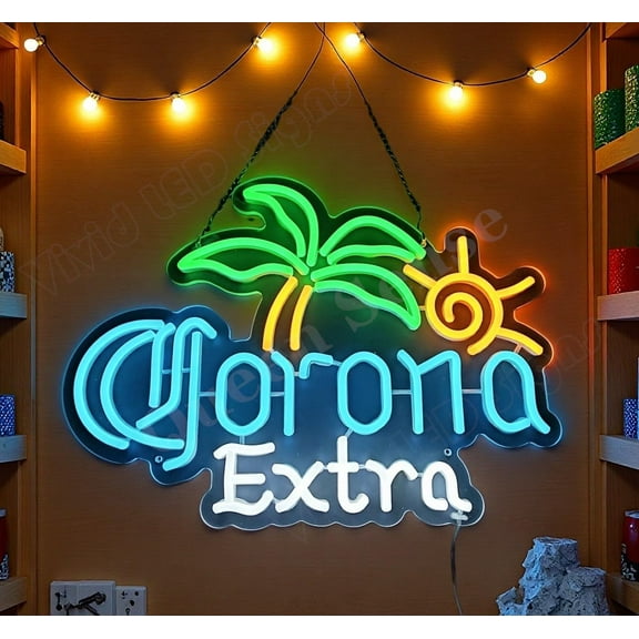 Queen Sense 16"x12" Coronas Extra Palm Tree Sun LED Neon Sign for Wall Decor Dimmable USB Powered LED Light W116CEPTS-5VLED