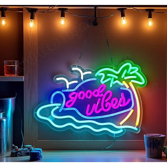 Queen Sense 16"x12" Good Vibes Beach Palm Trees LED Neon Sign for Wall Decor Dimmable USB Powered LED Light W116GVBPT-5VLED