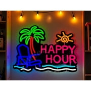Queen Sense 16x12 Happy Hour Palm Tree Beach LED Neon Sign for Wall Decor Dimmable USB Powered LED Light W116HHPTB-5VLED