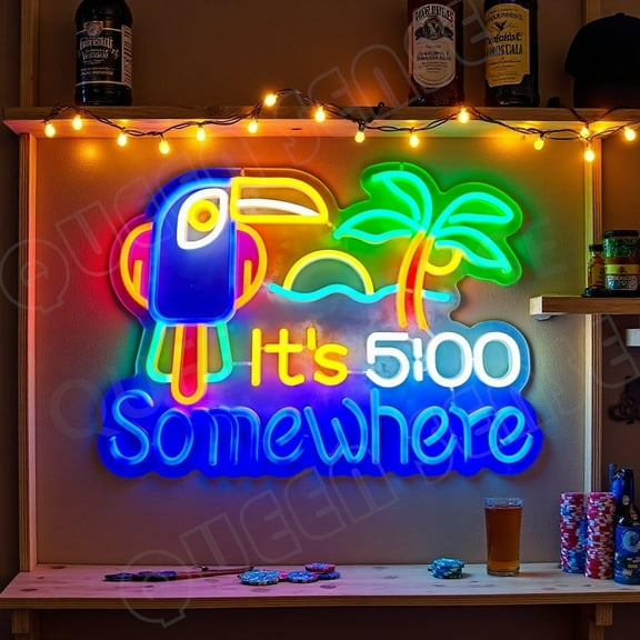 Queen Sense 16"x12" It's 5:00 Somewhere Parrot Palm Tree LED Neon Sign for Wall Decor Dimmable USB Powered LED Light W116I5SWPTP-5VLED