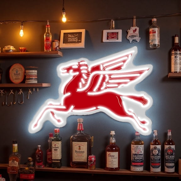 Queen Sense 16"x12" Mobilgas Mobil Oil Flying Pegasus Horse LED Neon Sign for Wall Decor Dimmable USB Powered LED Light W116MOPLVVD-5VLED