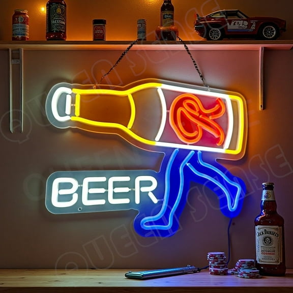 Queen Sense 16"x12" Rainiers Beer Runner Bottle LED Neon Sign for Wall Decor Dimmable USB Powered LED Light W116RBRB-5VLED