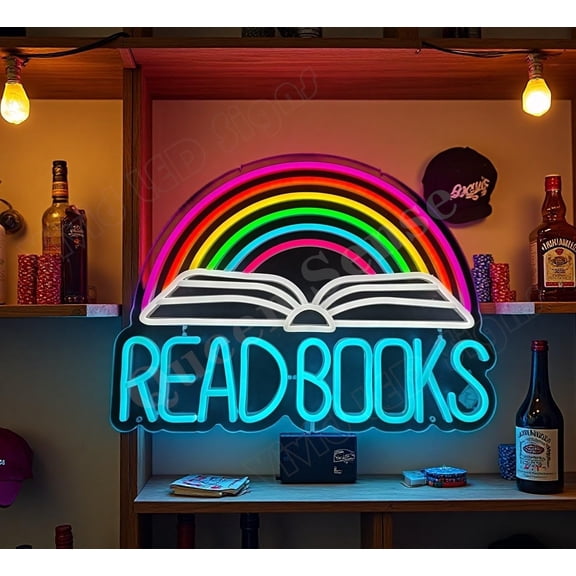Queen Sense 16"x12" Read Books Rainbow LED Neon Sign for Wall Decor Dimmable USB Powered LED Light W116RBR-5VLED