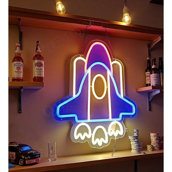 Queen Sense 16"x12" Rocket Space Ship LED Neon Sign for Wall Decor Dimmable USB Powered LED Light W116RSS-5VLED