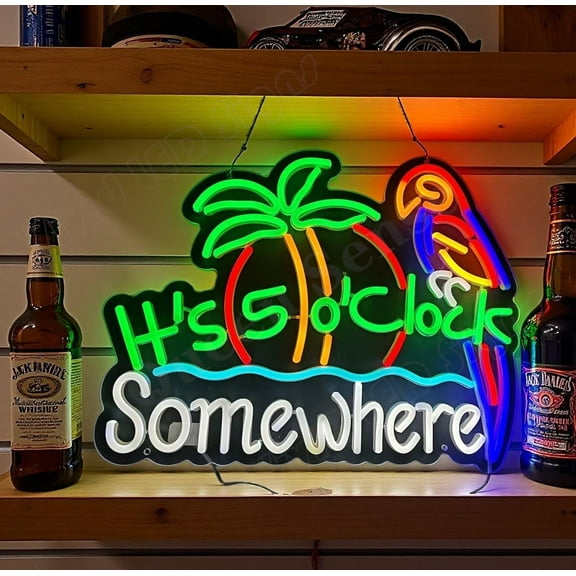 Queen Sense 16"x13" It's 5 O'Clock Somewhere Palm Tree Parrot LED Neon Sign for Wall Decor Dimmable USB Powered LED Light W116I5CSWIP-5VLED