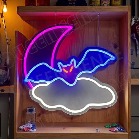 Queen Sense 16"x14.3" Bat Moon Cloud LED Neon Sign for Wall Decor Dimmable USB Powered LED Light W116BATMC-5VLED