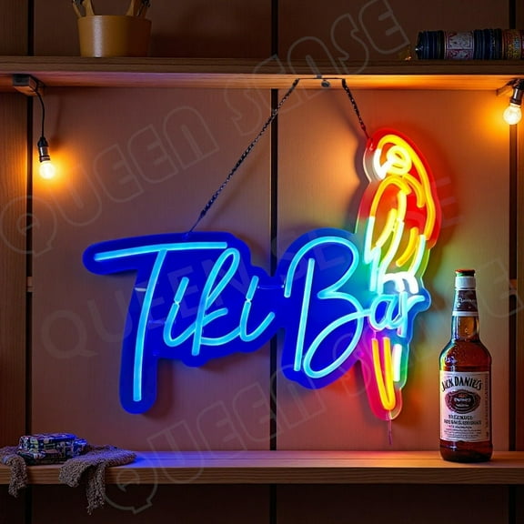 Queen Sense 16"x14.5" Tiki Bar Parrot LED Neon Sign for Wall Decor Dimmable USB Powered LED Light W116TBPV2-5VLED
