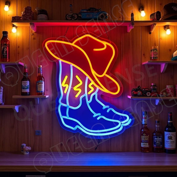 Queen Sense 16"x14" Cowboy Boot Hat LED Neon Sign for Wall Decor Dimmable USB Powered LED Light W116CBBHV2-5VLED