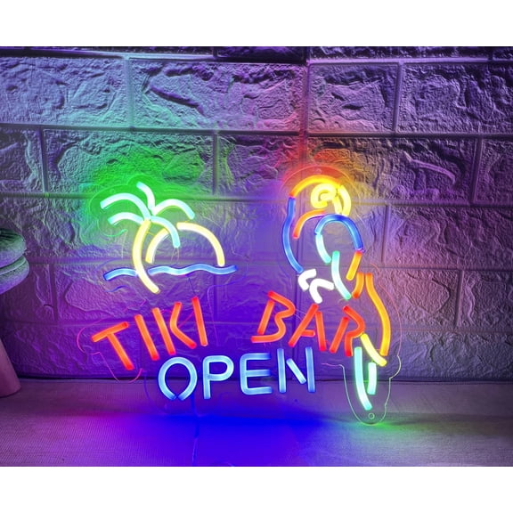 Queen Sense 16"x14" Tiki Bar Open Palm Tree Parrot LED Neon Sign for Wall Decor Dimmable USB Powered LED Light W116TBOIP-5VLED