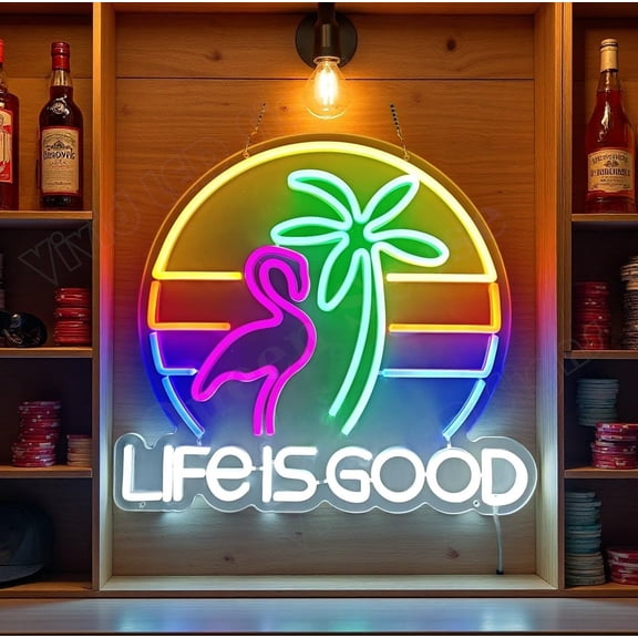 Queen Sense 16"x15" Life Is Good Flamingo Palm Tree LED Neon Sign for Wall Decor Dimmable USB Powered LED Light W116LIGFPT-5VLED