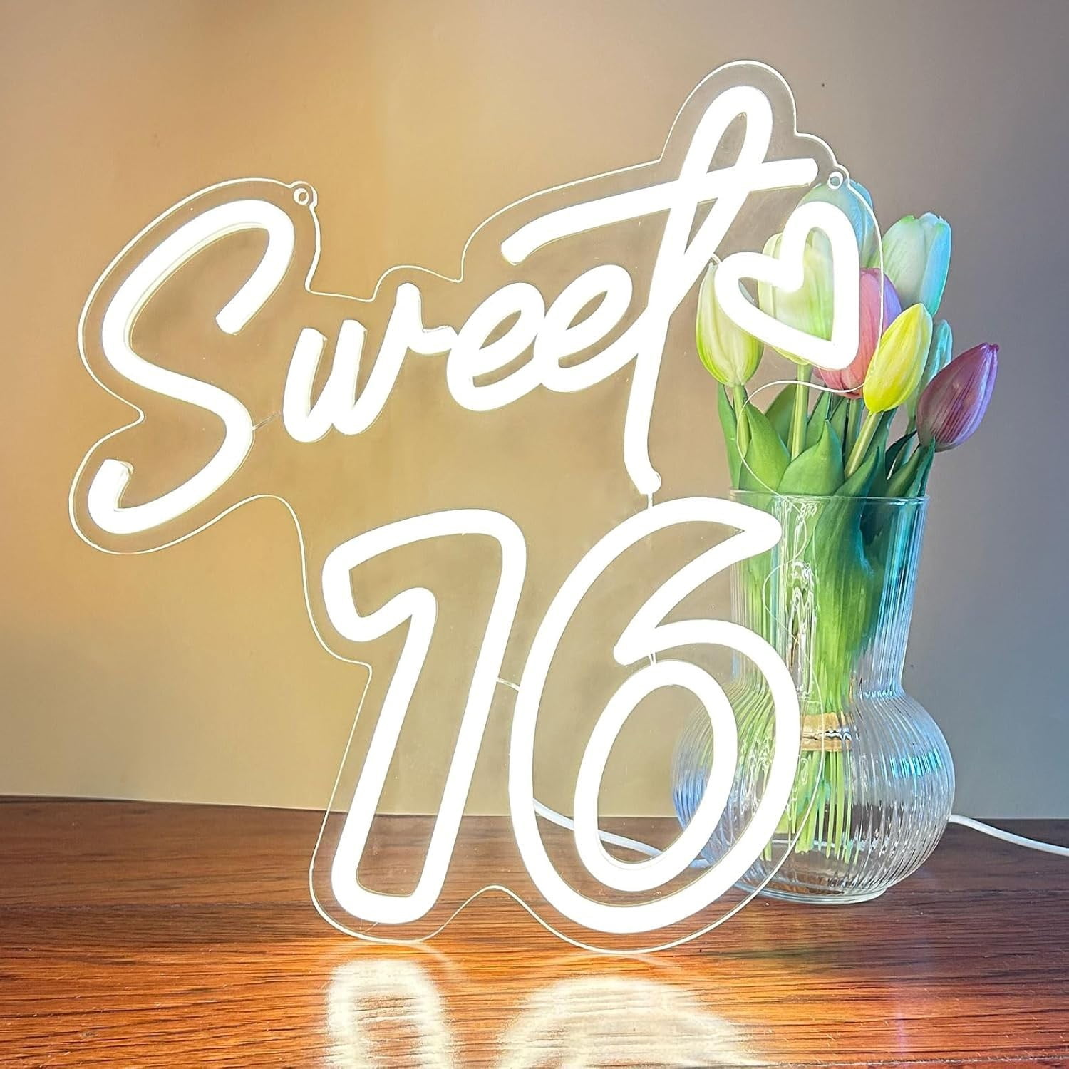 Queen Sense 16"x15" Sweet 16 LED Neon Sign for Wall Decor Dimmable USB ...