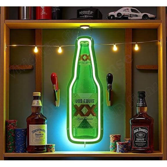 Queen Sense 16"x5" Dos Equis Cerveza Bottle LED Neon Sign for Wall Decor Dimmable USB Powered LED Light W116DECBG-5VLED