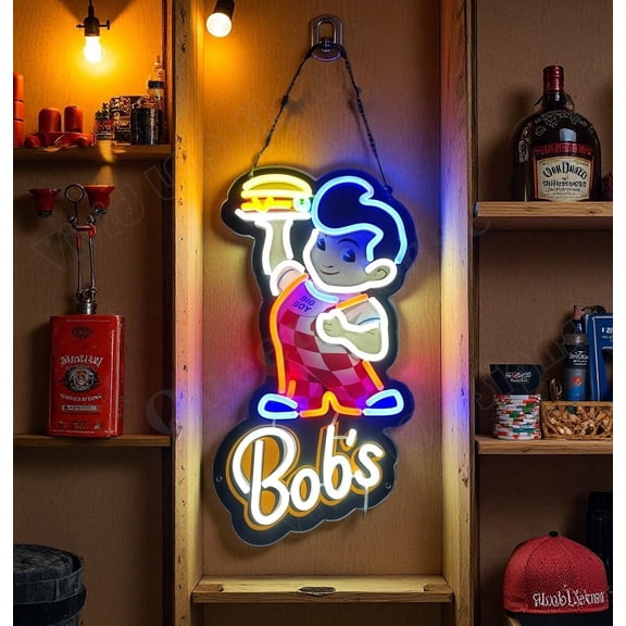 Queen Sense 16"x8" Big Boy Bob's Restaurant Burger LED Neon Sign for Wall Decor Dimmable USB Powered LED Light W116BSBV2VVD-5VLED