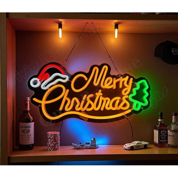 Queen Sense 16"x8" Merry Christmas Tree Hat LED Neon Sign for Wall Decor Dimmable USB Powered LED Light W116MCTH-5VLED