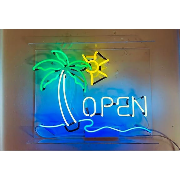 Queen Sense 17" Business Open Palm Tree Sun Neon Sign Acrylic Box Man Cave Pub Bar Wall Decor Artwork Handmade Neon Light 117OPTSV2AB