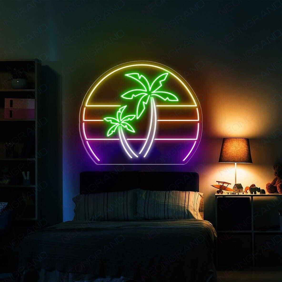 Queen Sense 17"x14.3" Palm Tree Vaporwave LED Sign Light Wall Decor Party Night Lights Flex Neon Signs 117PTVFLED