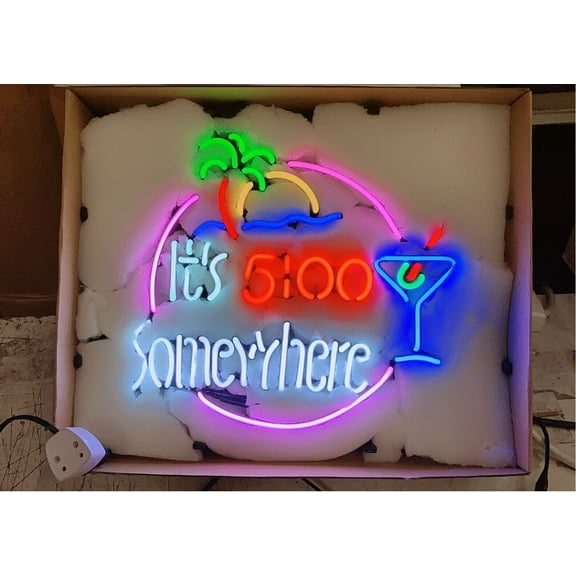 Queen Sense 17"x14" It'S 5:00 Somewhere Palm Tree Martini Giass Neon Sign Man Cave Handmade Neon Light 117I5SWIMG