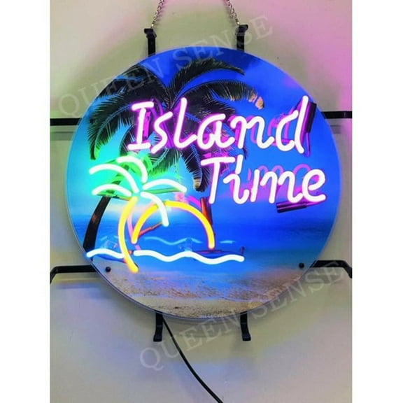 Queen Sense 17"x17" Island Time Palm Tree Beach Neon Sign HD Vivid Printing Handmade Artwork Neon Light 120ITIPTVVD