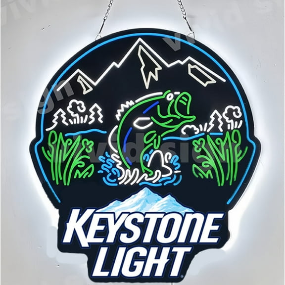 Queen Sense 20" Custom Keystone Light Beer Bass Fish Mountains 2D LED Sign Light Vivid Printing Tech Design Beer Bar Pub Decor Wall Decor Party Gift Artwork Lamp 120KLBBFM-LED2D