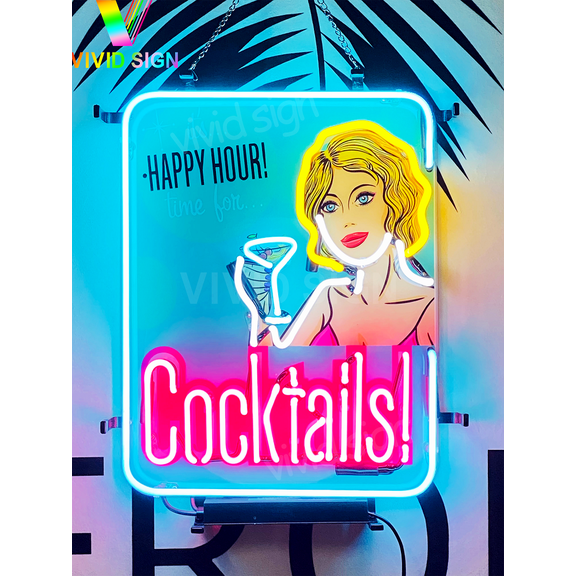 Queen Sense 20"x15" Cocktails Happy Hour Girl Neon Sign HD Vivid Printing Handmade Artwork Neon Light 120CTHHGVVD