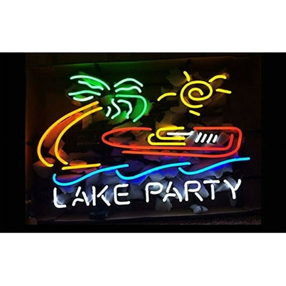 Queen Sense 20"x16" Lake Party Speed Boat Palm Tree Sun Neon Sign Man Cave Handmade Neon Light 120LPSBPTS