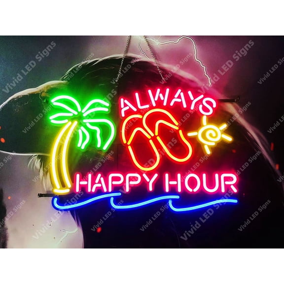 Queen Sense 24"x16" Always Happy Hour Palm Tree LED Sign Light Neon Signs With Dimmer Party Home Wall Decor Lights W124AHHPT-XLED