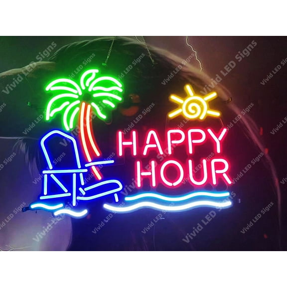 Queen Sense 24"x18" Happy Hour Palm Tree Beach Chair LED Sign Light Neon Signs With Dimmer Party Home Wall Decor Lights W124HHPTB-XLED