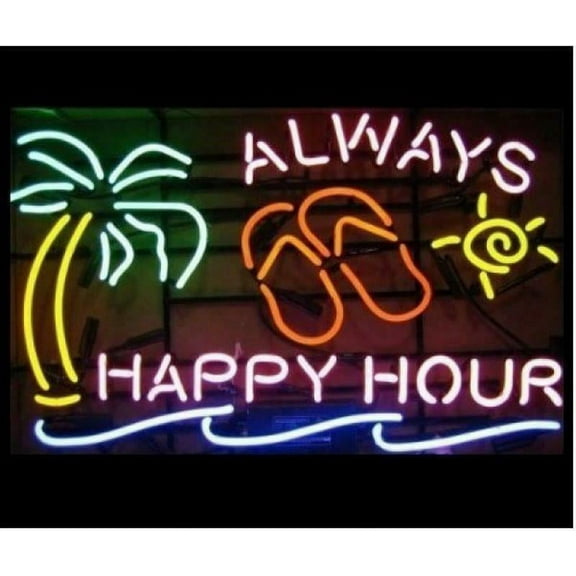 Queen Sense 24"x20" Always Happy Hour Palm Tree Neon Sign Man Cave Handmade Neon Light 124AHHPT