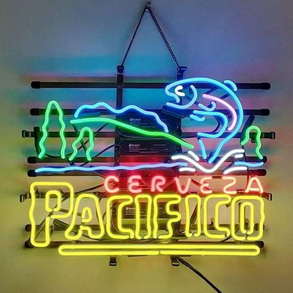 Queen Sense 24"x20" Cerveza Pacificos Fish Palm Tree Lake Neon Sign Man Cave Beer Pub Bar Artwork Handmade Wall Decor Gift Neon Light 124CPFPTL