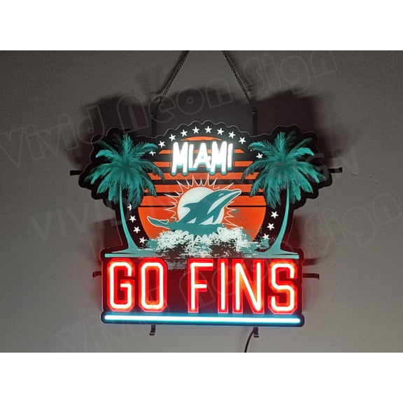 Queen Sense 24"x20" Custom For Miamis Sports League Dolphins Go Fins LED Sign Light Neon Signs With Dimmer Party Home Wall Decor Lights W124MDGFVVD-XLED