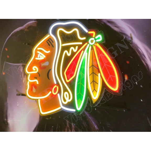 Queen Sense 24"x20" For Chicagos Sports League Blackhawks LED Sign Light Neon Signs With Dimmer Party Home Wall Decor Lights W124CBHYVVD-XLED