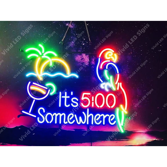 Queen Sense 24"x20" It's 5:00 Somewhere Palm Tree Parrot LED Sign Light Neon Signs With Dimmer Party Home Wall Decor Lights W124I5SWICP-XLED