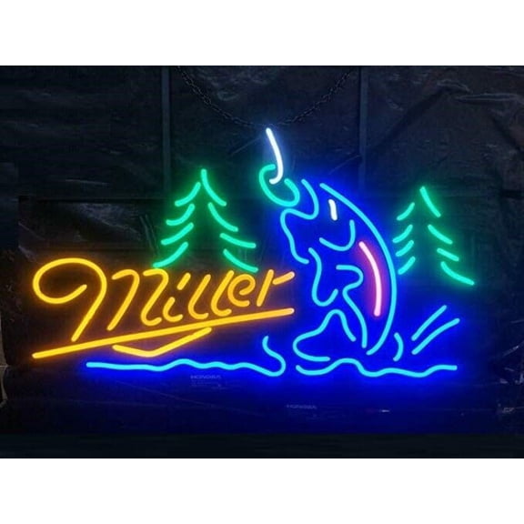 Queen Sense 24"x20" Millers Lite Hooked Fish Trees Neon Sign Man Cave Beer Pub Bar Artwork Handmade Wall Decor Gift Neon Light 124MLHFT