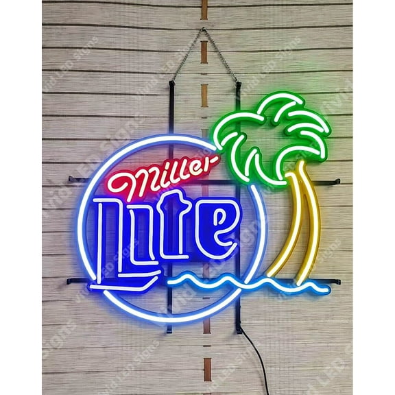 Queen Sense 24"x20" Millers Lite Palm Tree LED Sign Light Neon Signs With Dimmer Party Home Wall Decor Lights W124MLPT-XLED