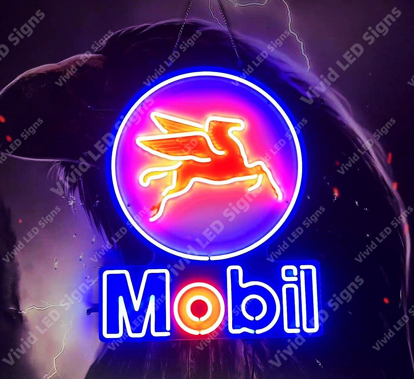 Mobilgas Pegasus Vintage Neon Garage Clock - 16 Inch Blue, Retro Gas Station Sign Style