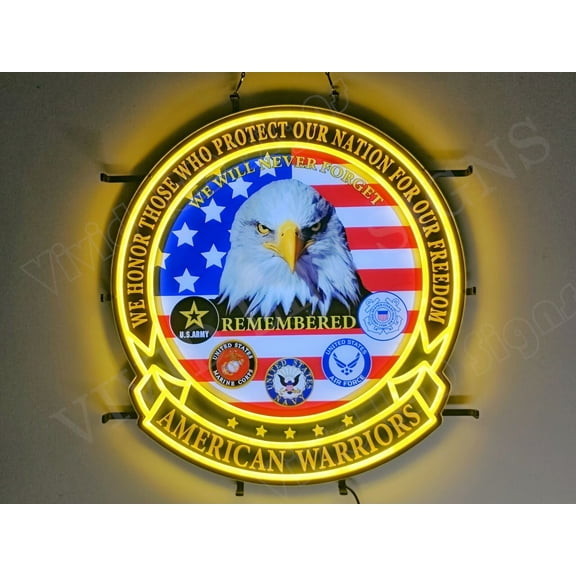 Queen Sense 24"x22" USA Flag Eagle Emblem American Warriors LED Sign Light Neon Signs With Dimmer Party Home Wall Decor Lights W124USAWAVVD-XLED