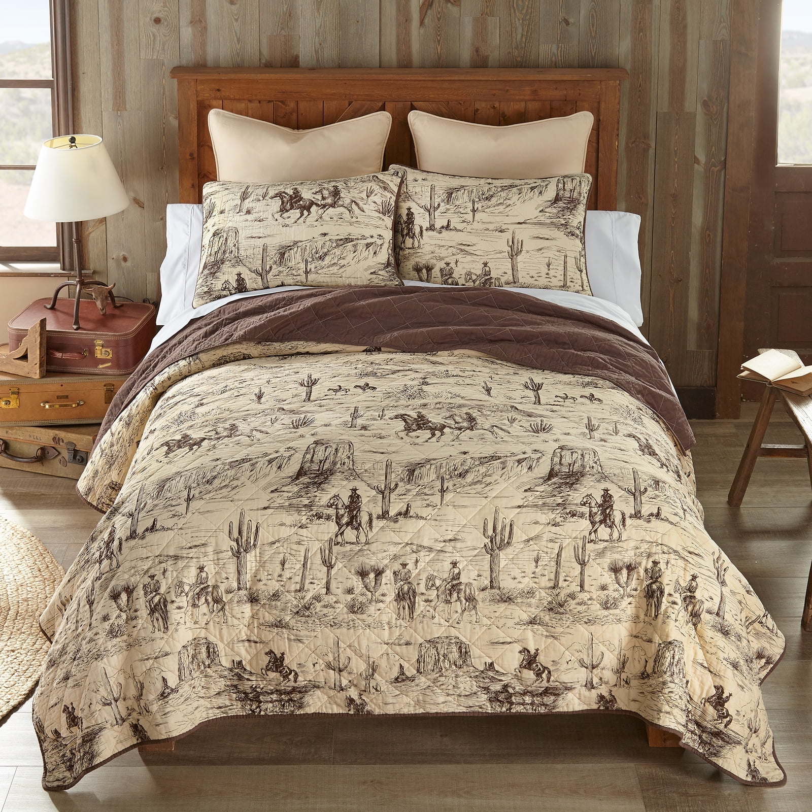 Rustic Brown Cotton Full Quilt Set with Cowboy Design